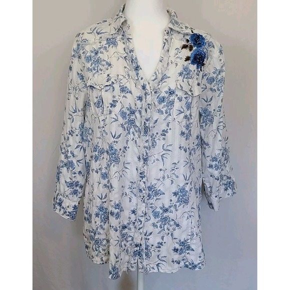 FANG Tops - F.A.N.G Womens button Blue/White Shirt With Roses Sz L Cottagecore Romantic